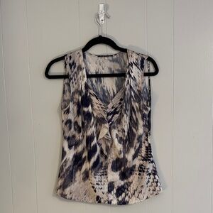 Women’s Elie Tahari Sleeveless ruffle Silk top abstract animal print navy grayXS
